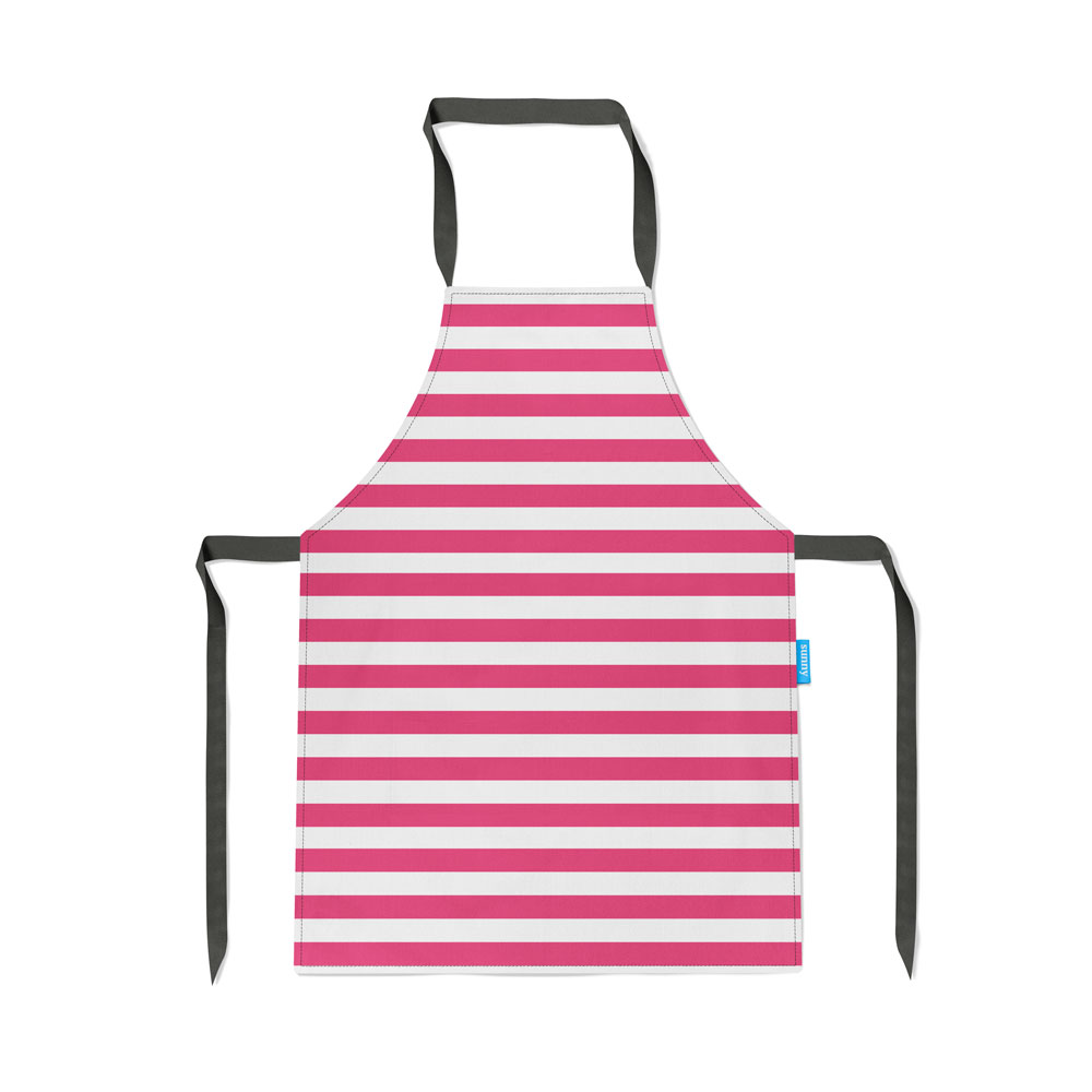 Pink Horizontal Stripes Apron: Stripes never go out of style, as this appealing apron with generous front pocket and wide ties demonstrates.